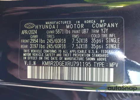 2024 Hyundai Palisade Sel из США, поврежденный, VIN KM8R2DGEXRU791195